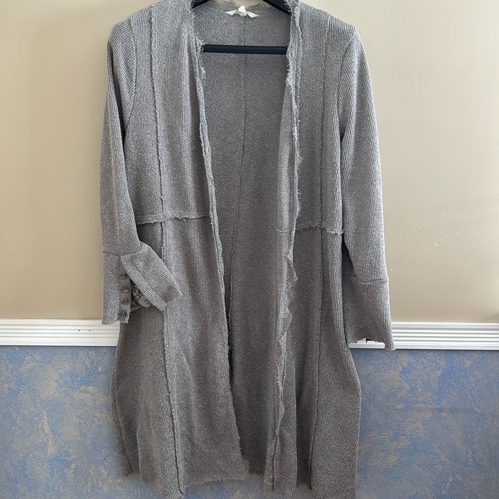 Long Rough Edge Open Sweater w/ Lace Trim